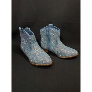 New Link Kids Girls Blue Denim Rhinestone Glitter Cowboy Boots Side Zip Size 6
